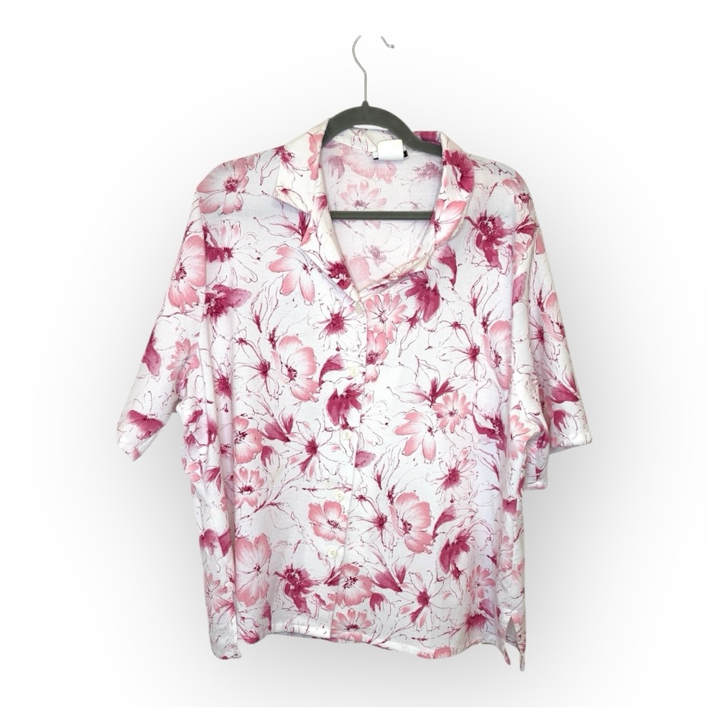 BonWorth Pink Floral Button Up Blouse Coastal Grandma Resortwear Vacation XL